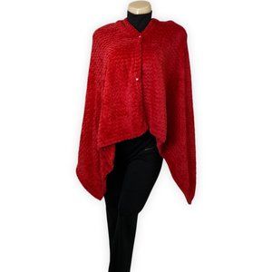 Red Knitted Versatile Shawl V-Neck Poncho Button Sweater Cape